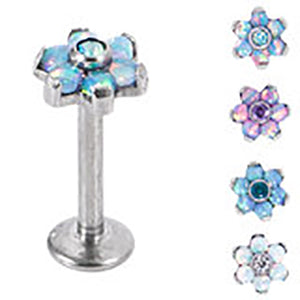 Labret bar - Titanium Flower with synthetic opals/crystal centre stone