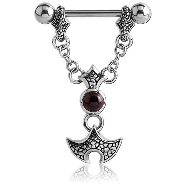 Nipple bar - 1.6x14mm with garnet stone inlay